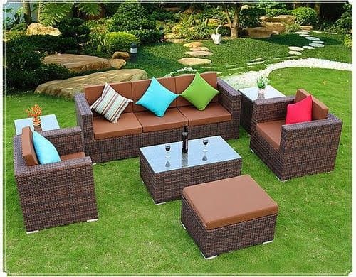 Brown Rattan Sofa Set with Colourful Cushions