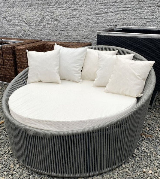 Grey Rattan Round Daybed with Scatter Cushions