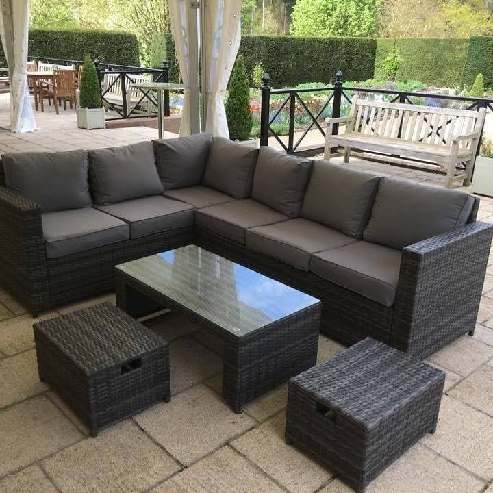 Grey Rattan Sectional Sofa with Glass Table