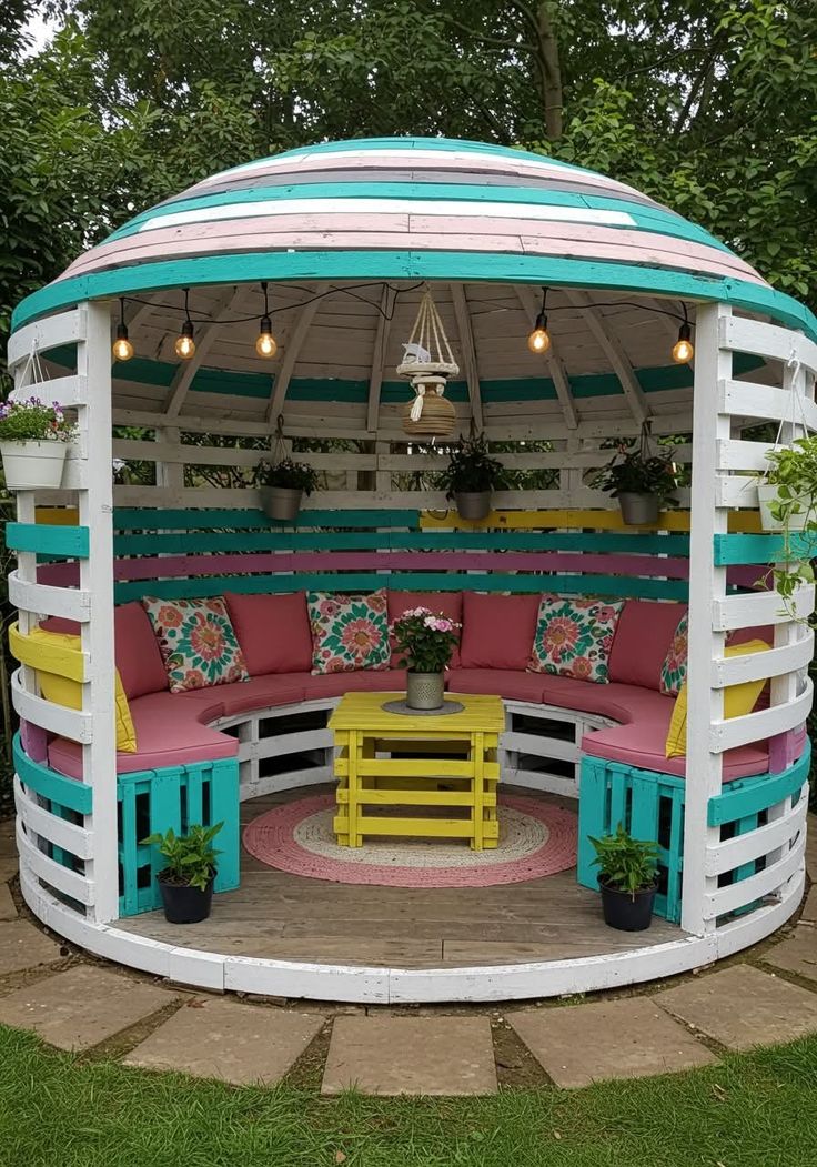 Colourful Round Pallet Gazebo with Striped Dome Roof