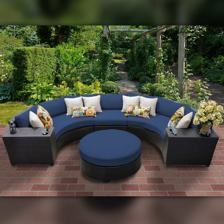 Navy Curved Rattan Sofa with Round Ottoman