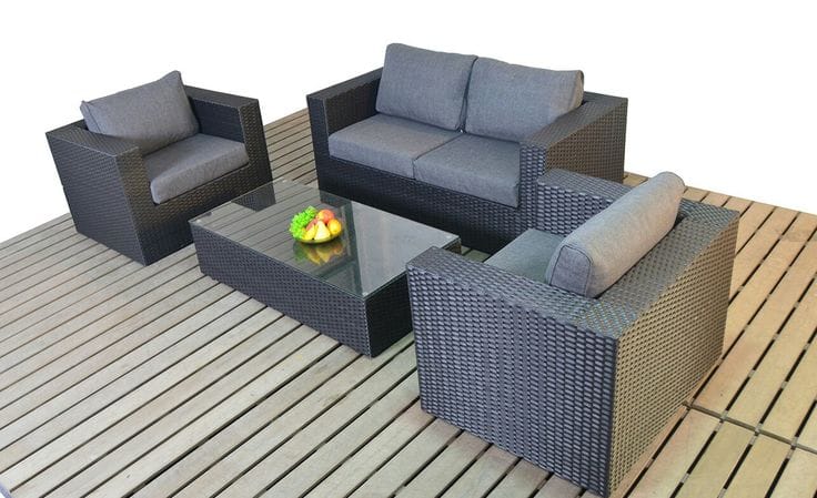 Black Rattan Sofa Set with Grey Cushions